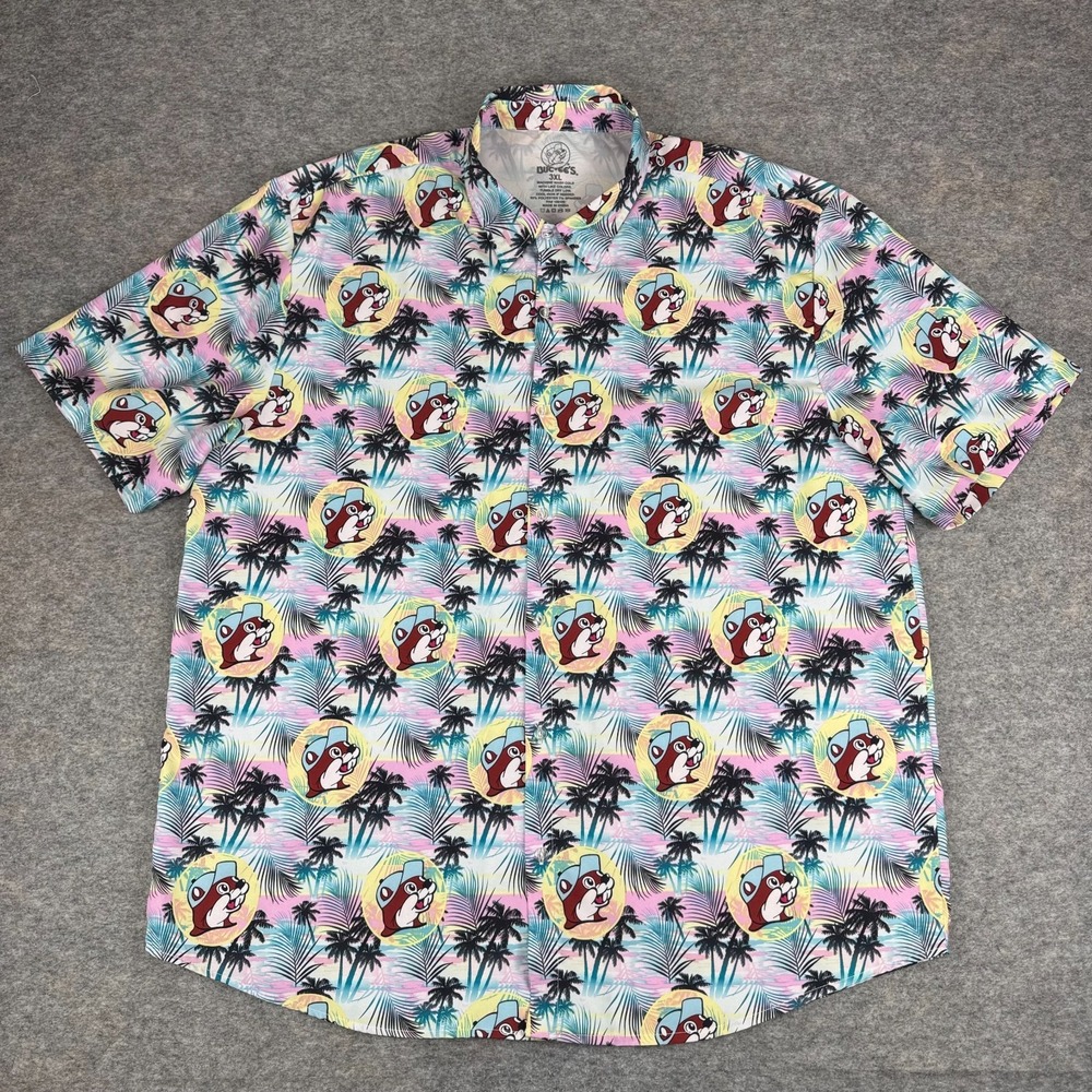 Buc-ee's Button Up Hawaiian Shirt Palm Trees Tropical Polyester Stretch Mens 3XL